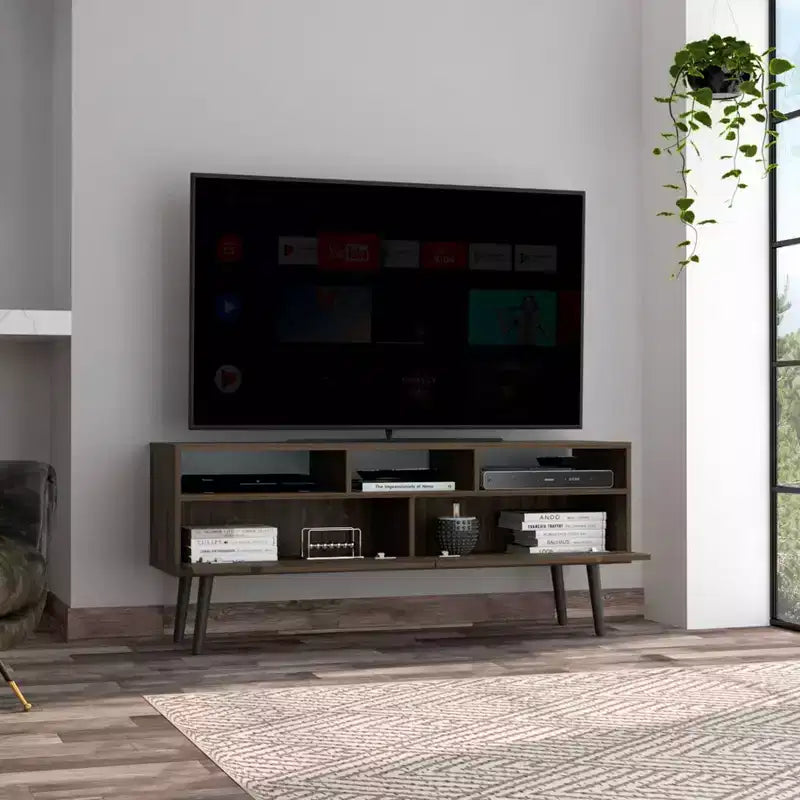 Mobile TV in noce con ripiani aperti, adatto per TV fino a 55", assemblaggio da 1 persona