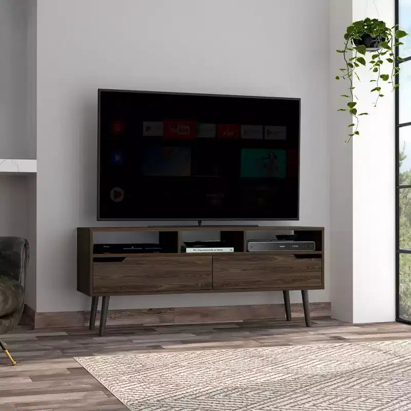 Mobile TV in noce con ripiani aperti, adatto per TV fino a 55", assemblaggio da 1 persona