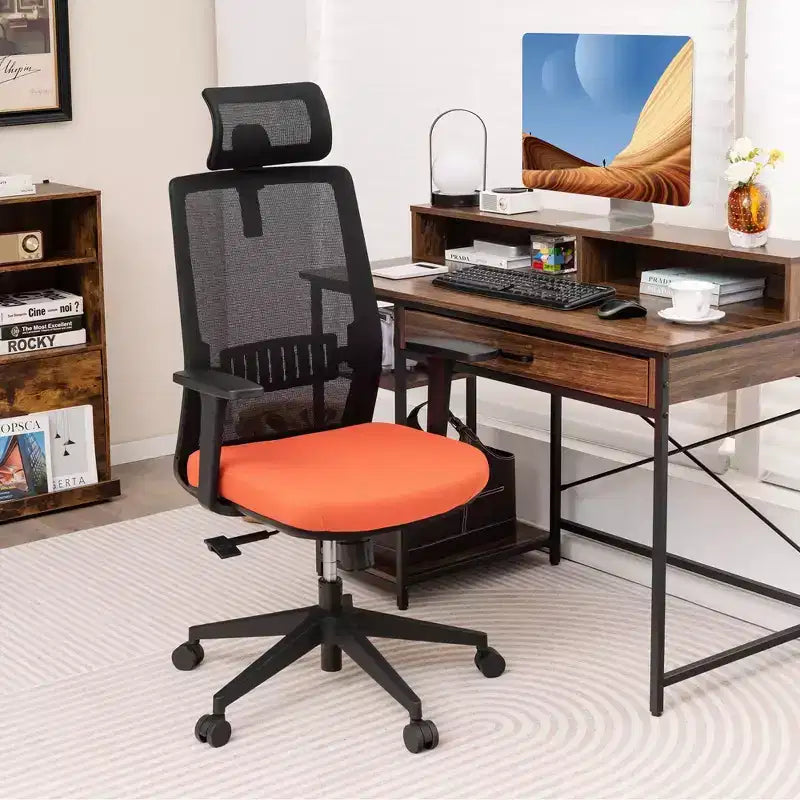 Sedia da Ufficio Ergonomica Girevole in Rete Nera e Arancione, 1 Posto, Capacità 180 kg