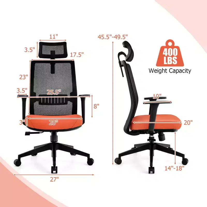 Sedia da Ufficio Ergonomica Girevole in Rete Nera e Arancione, 1 Posto, Capacità 180 kg