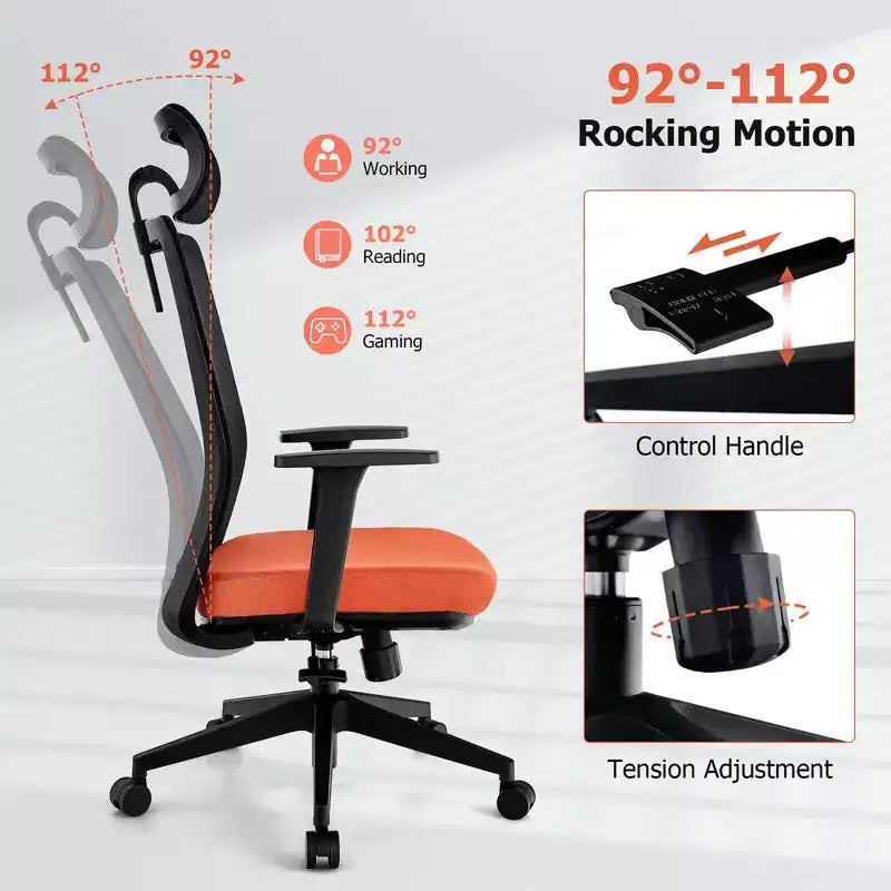 Sedia da Ufficio Ergonomica Girevole in Rete Nera e Arancione, 1 Posto, Capacità 180 kg