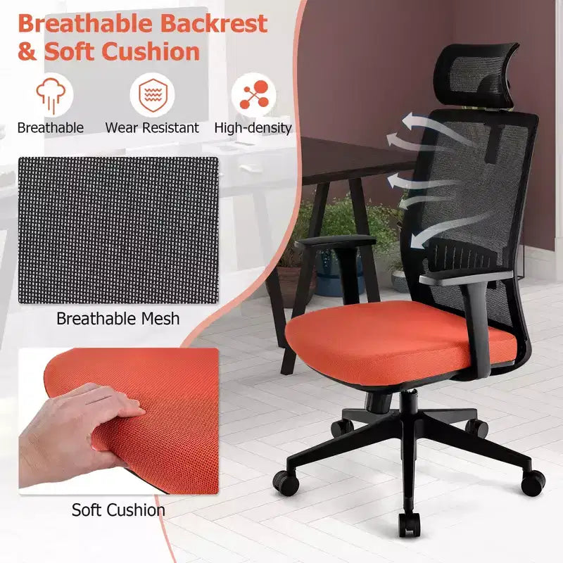 Sedia da Ufficio Ergonomica Girevole in Rete Nera e Arancione, 1 Posto, Capacità 180 kg