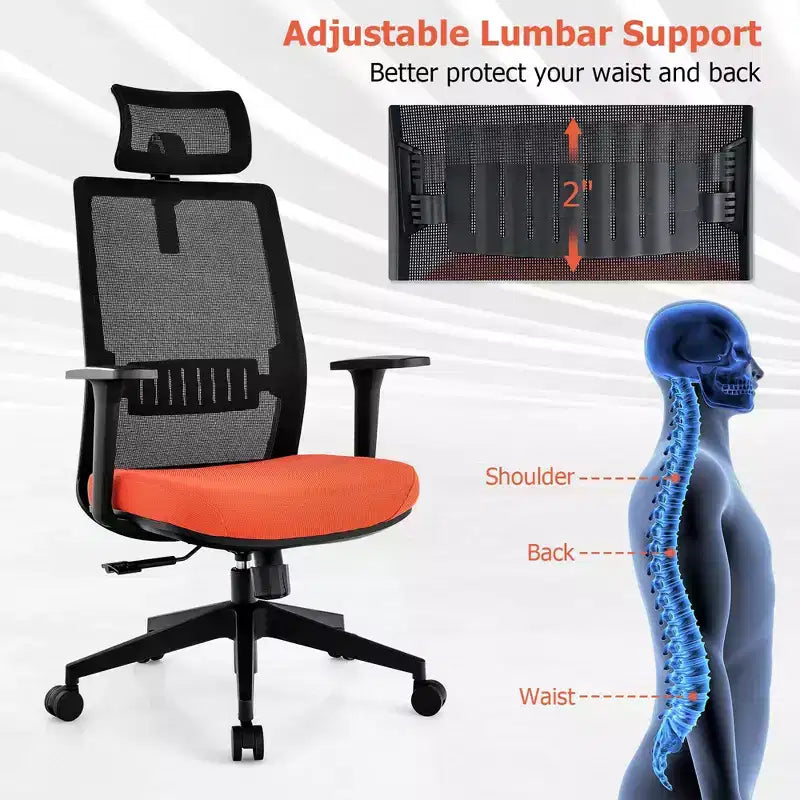 Sedia da Ufficio Ergonomica Girevole in Rete Nera e Arancione, 1 Posto, Capacità 180 kg