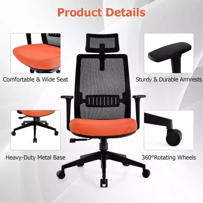 Sedia da Ufficio Ergonomica Girevole in Rete Nera e Arancione, 1 Posto, Capacità 180 kg